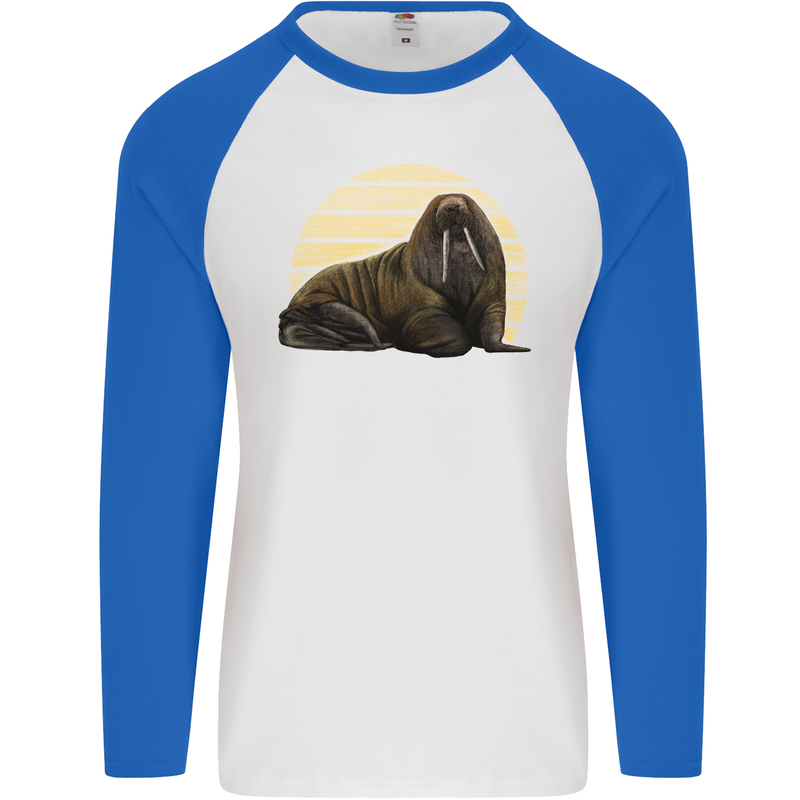 A Walrus Painting Mens L/S Baseball T-Shirt White/Royal Blue