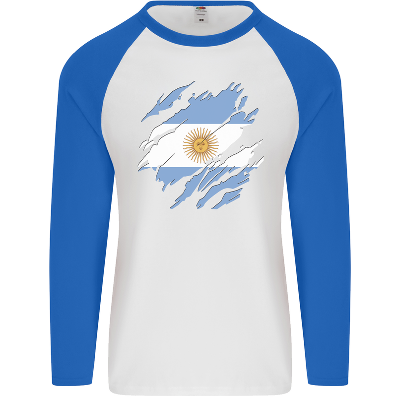 Torn Argentina Flag Argentinian Day Football Mens L/S Baseball T-Shirt White/Royal Blue