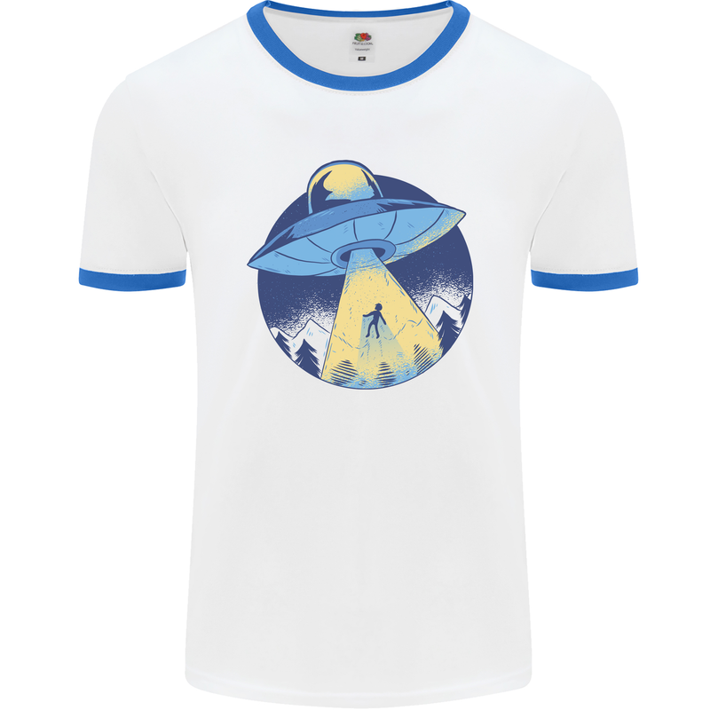 Funny Alien Abduction UFO Mens Ringer T-Shirt White/Royal Blue