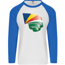 Curled Seychelles Flag Seychellois Day Football Mens L/S Baseball T-Shirt White/Royal Blue