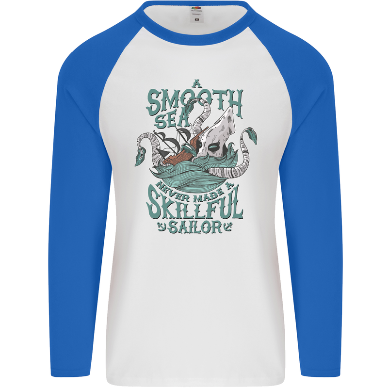 Skilful Sailor Kraken Sailing Octopus Mens L/S Baseball T-Shirt White/Royal Blue