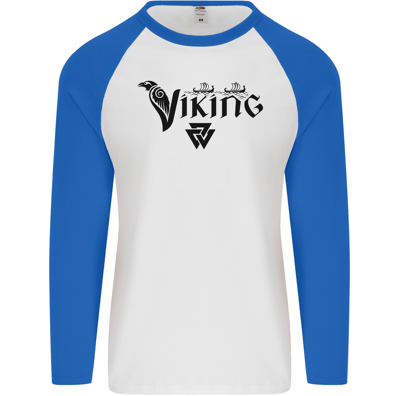Viking Thor Odin Valhalla Norse Mythology Mens L/S Baseball T-Shirt White/Royal Blue