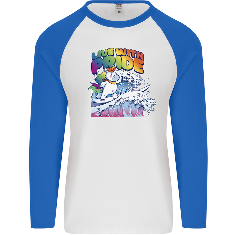 Live With Pride Unicorn Gay Pride Awareness LGBT Mens L/S Baseball T-Shirt White/Royal Blue