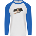 A Funny Cat Peeking From a Ripped Top Mens L/S Baseball T-Shirt White/Royal Blue