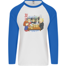 Chibi Anime Friends Drinking Beer Mens L/S Baseball T-Shirt White/Royal Blue