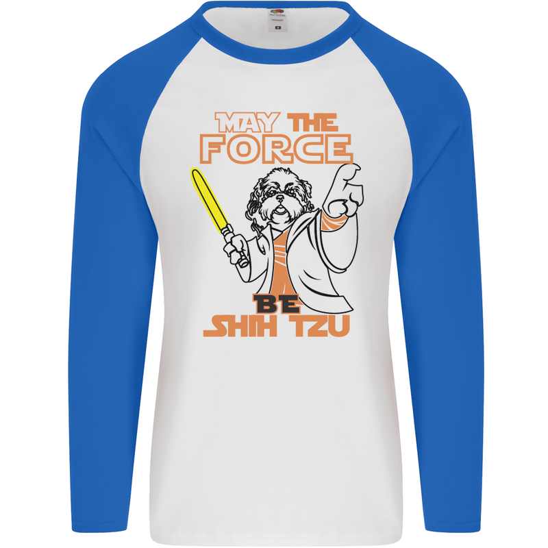 May the Force Be Shih Tzu Dog Funny Mens L/S Baseball T-Shirt White/Royal Blue