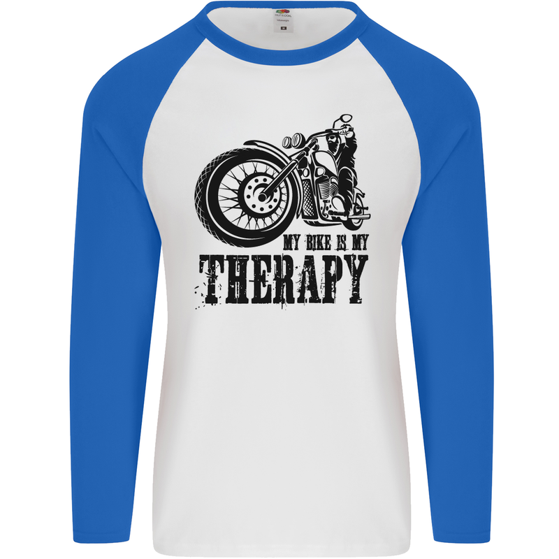 My Therapy Motorcycle Motorbike Biker Mens L/S Baseball T-Shirt White/Royal Blue