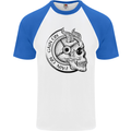 No Pain No Gain Devil Skull Gym Training Mens S/S Baseball T-Shirt White/Royal Blue