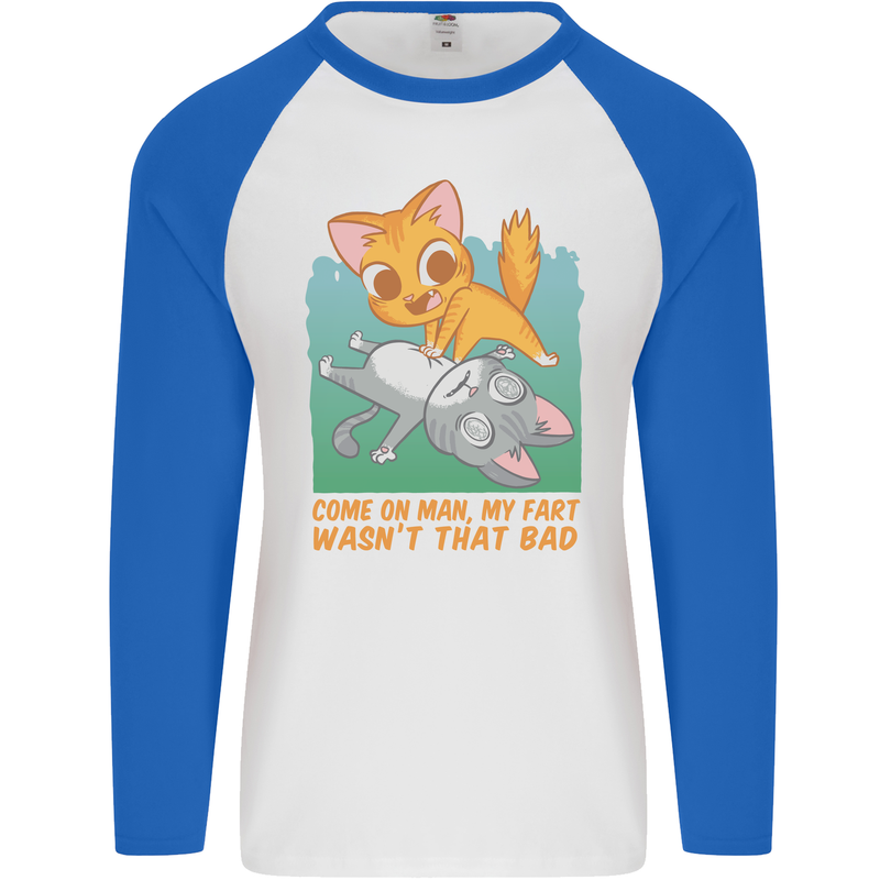 Fart Wasnt That Bad Funny Flatulence Cat Farting Mens L/S Baseball T-Shirt White/Royal Blue