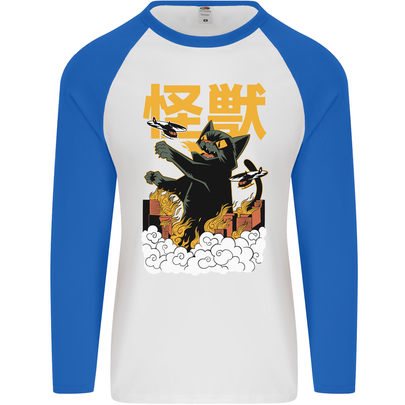 Catzilla Funny Cat Monster Parody Mens L/S Baseball T-Shirt White/Royal Blue