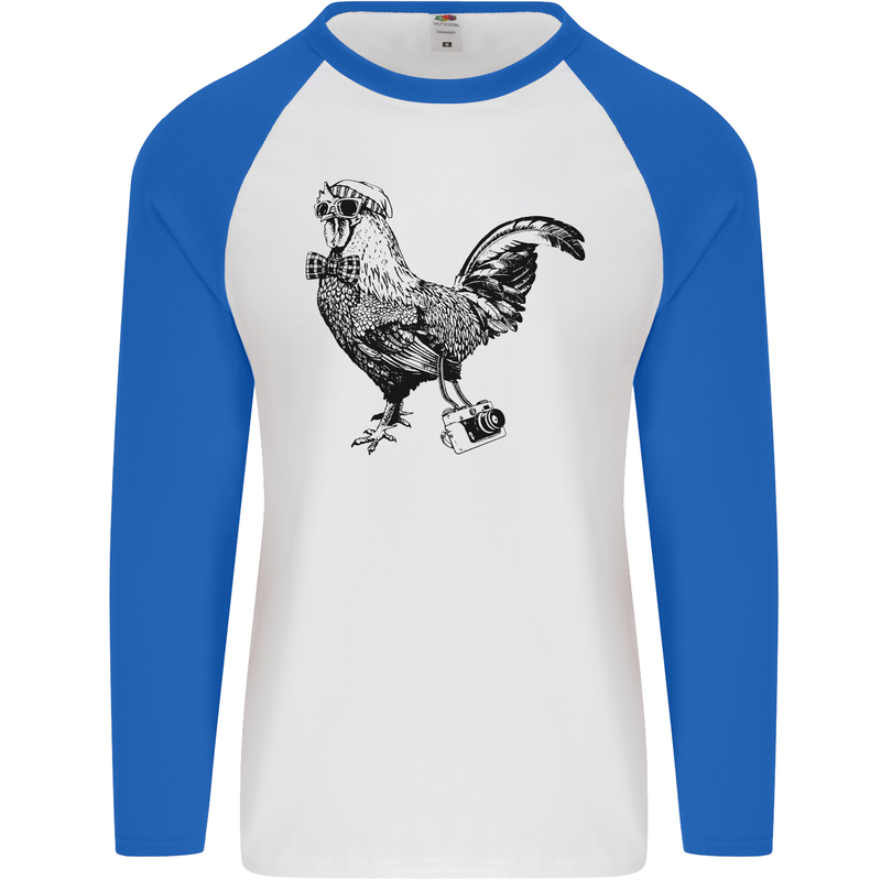 Rooster Camera Photography Photographer Mens L/S Baseball T-Shirt White/Royal Blue