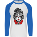 Day of the Dead Sugar Skull DOTD Mexico Mens L/S Baseball T-Shirt White/Royal Blue