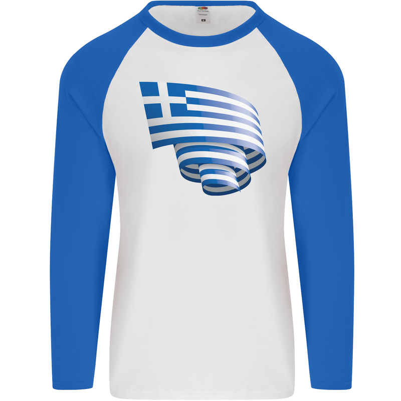 Curled Greece Flag Greek Day Football Mens L/S Baseball T-Shirt White/Royal Blue