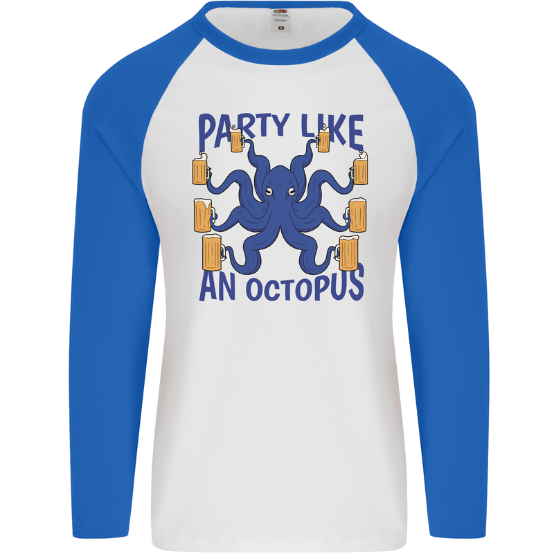 Beer Party Octopus Scuba Diving Diver Funny Mens L/S Baseball T-Shirt White/Royal Blue