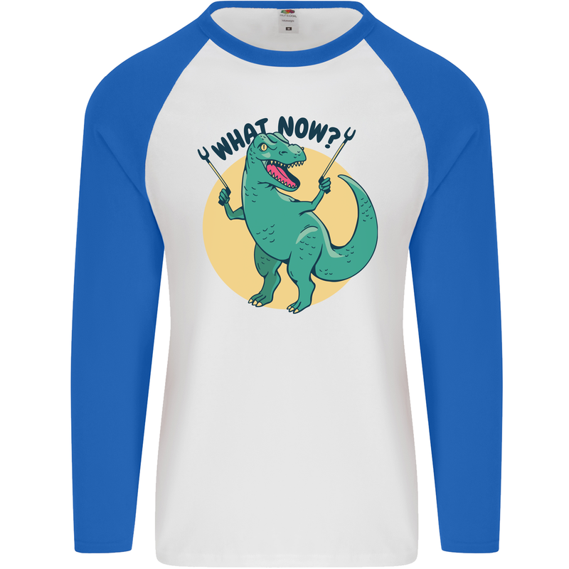 T-Rex What Now Funny Dinosaur Mens L/S Baseball T-Shirt White/Royal Blue