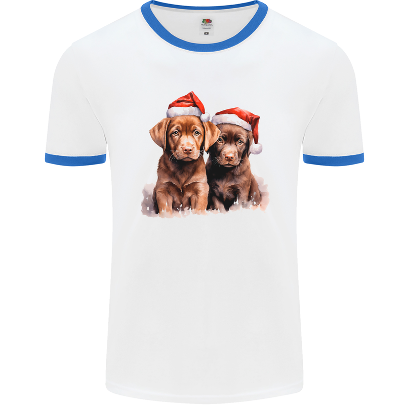 Chocolate Labrador Christmas Puppies Xmas Mens Ringer T-Shirt White/Royal Blue