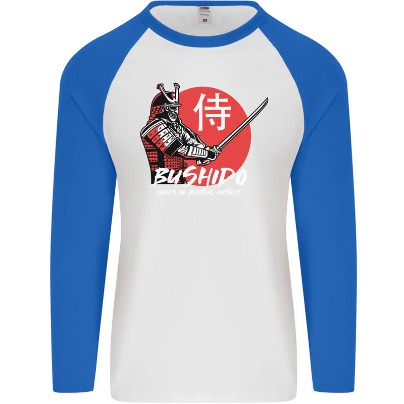 Bushido Samurai Warrior Sword Ronin MMA Mens L/S Baseball T-Shirt White/Royal Blue