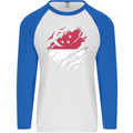 Torn Singapore Flag Singaporean Day Football Mens L/S Baseball T-Shirt White/Royal Blue