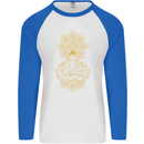 Mandala Buddha Art Mens L/S Baseball T-Shirt White/Royal Blue