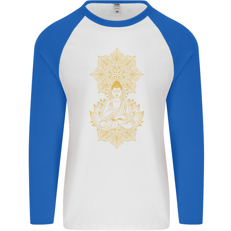 Mandala Buddha Art Mens L/S Baseball T-Shirt White/Royal Blue