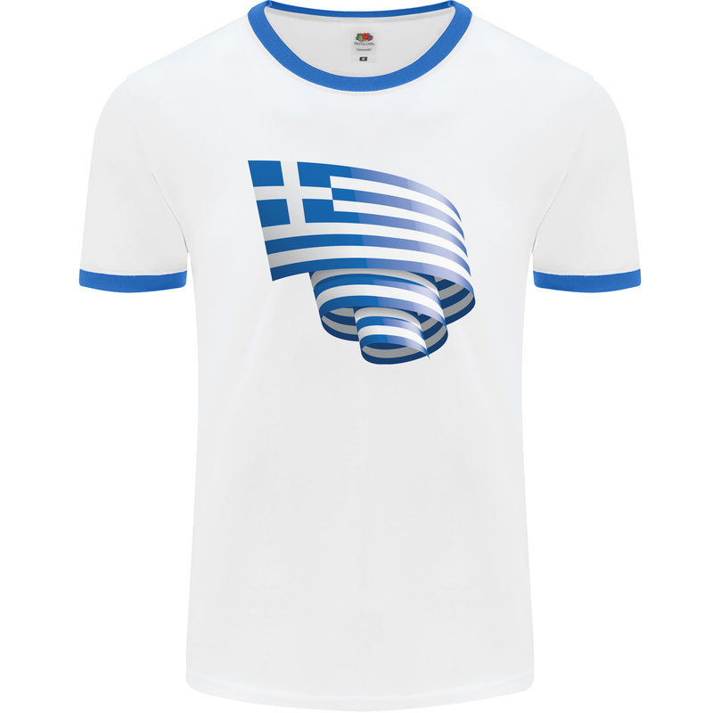 Curled Greece Flag Greek Day Football Mens Ringer T-Shirt White/Royal Blue