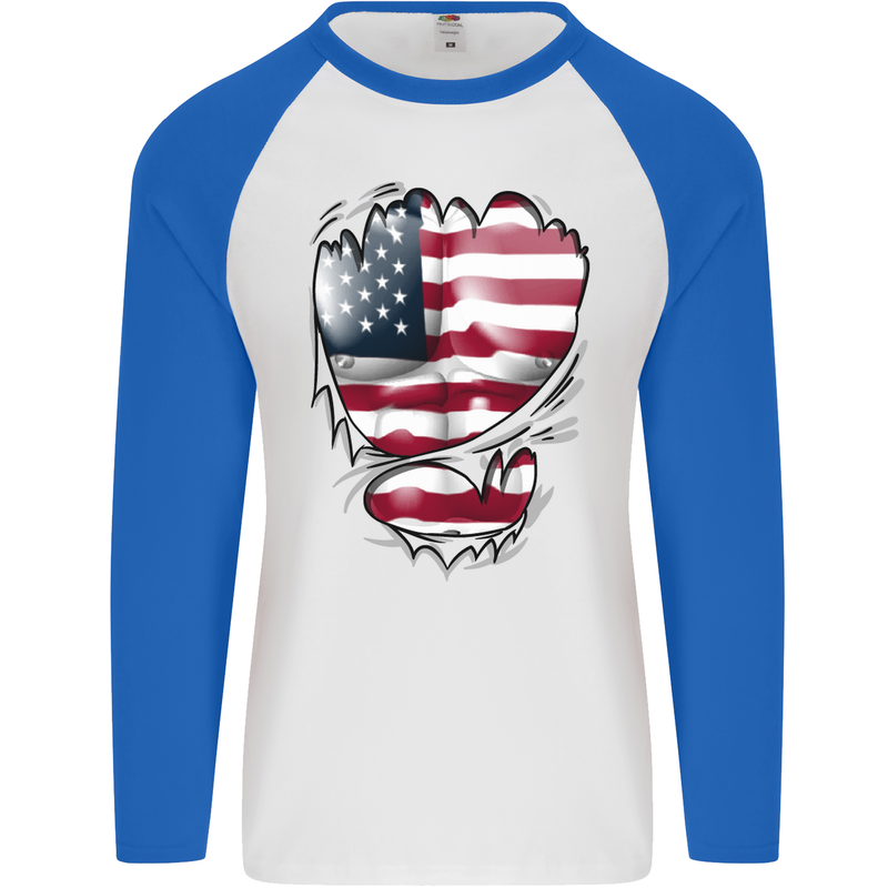 Gym Stars & Stripes American Flag Ripped Mens L/S Baseball T-Shirt White/Royal Blue