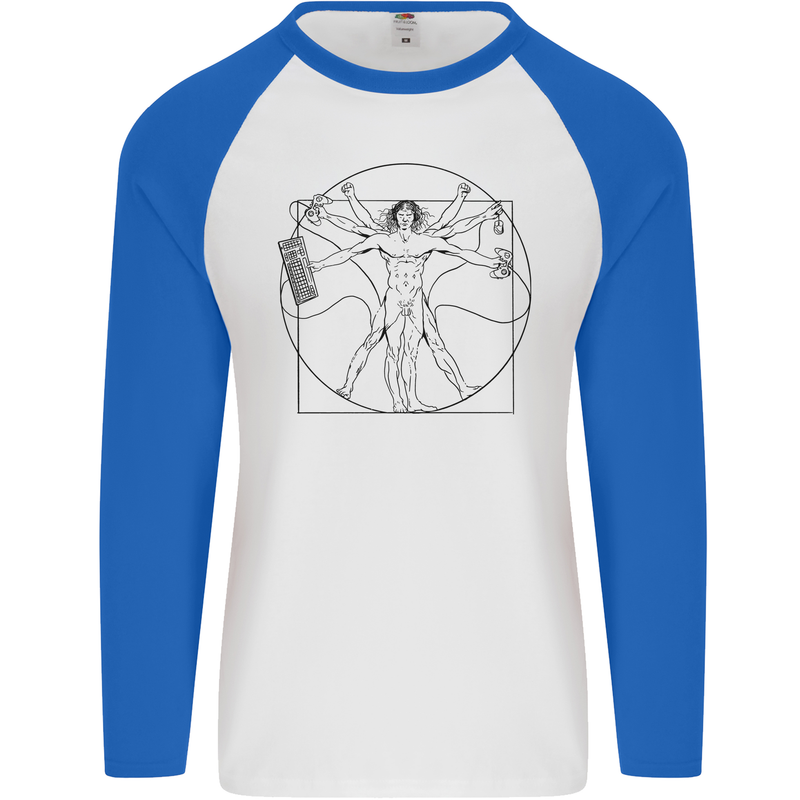 Gaming Vitruvian Gamer Funny Video Games Mens L/S Baseball T-Shirt White/Royal Blue