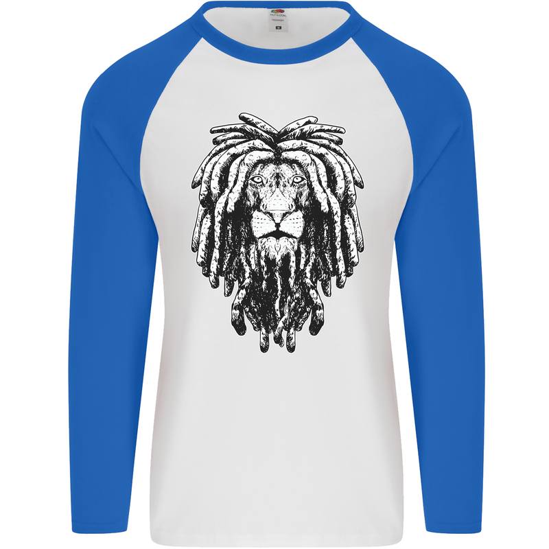 A Rasta Lion With Dreadlocks Jamaica Reggae Mens L/S Baseball T-Shirt White/Royal Blue