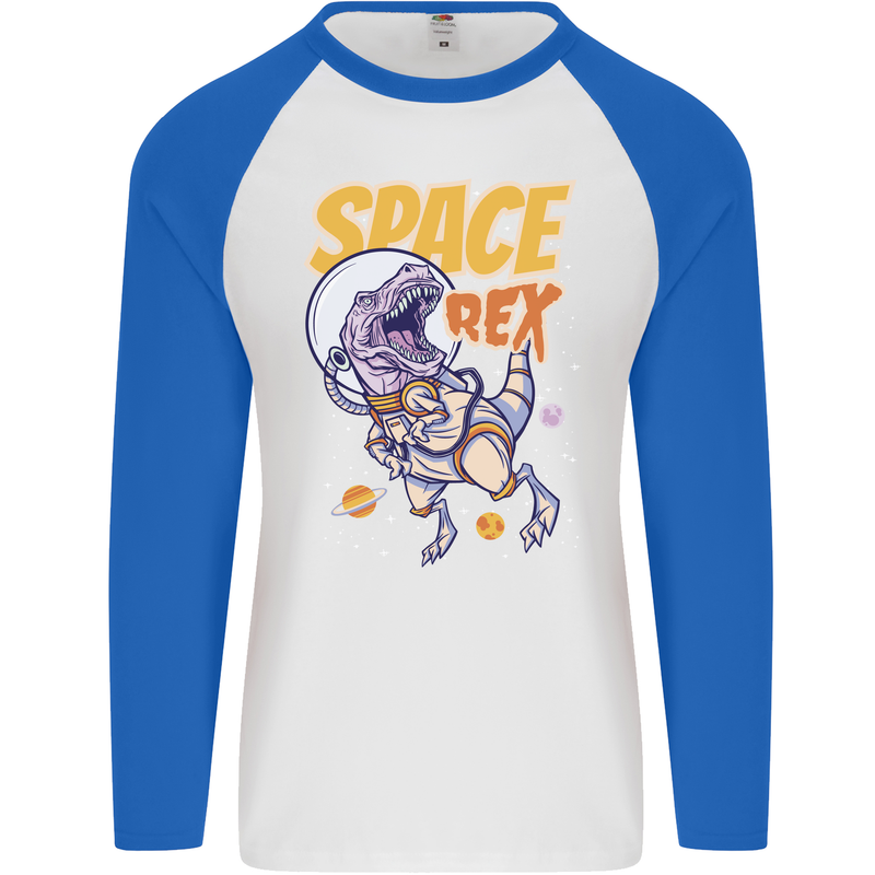 Space T-Rex Dinosaur Dino Astronaut Mens L/S Baseball T-Shirt White/Royal Blue