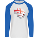 Curled Georgia Flag Georgian Day Football Mens L/S Baseball T-Shirt White/Royal Blue