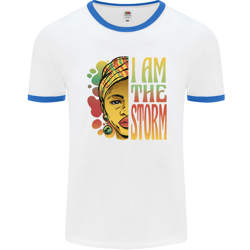 I Am the Storm African Black Lives Matter Mens Ringer T-Shirt White/Royal Blue