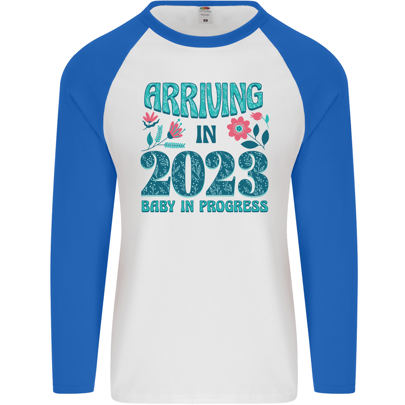 Arriving 2023 New Baby Pregnancy Pregnant Mens L/S Baseball T-Shirt White/Royal Blue