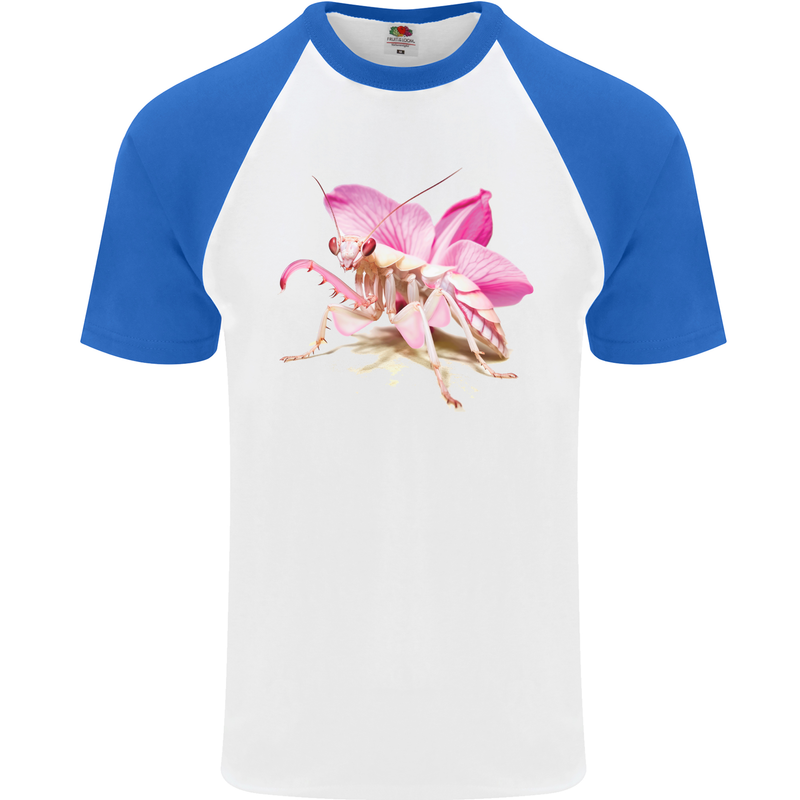 An Orchid Mantis Mens S/S Baseball T-Shirt White/Royal Blue