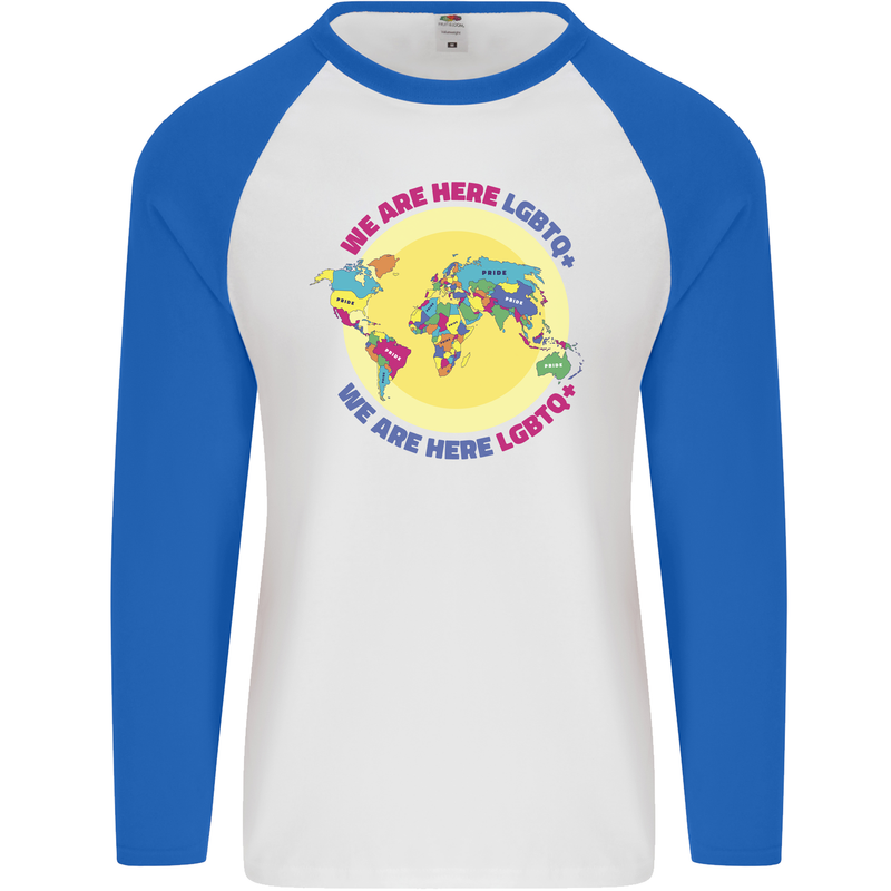 We Are Here LGBT Mens L/S Baseball T-Shirt White/Royal Blue