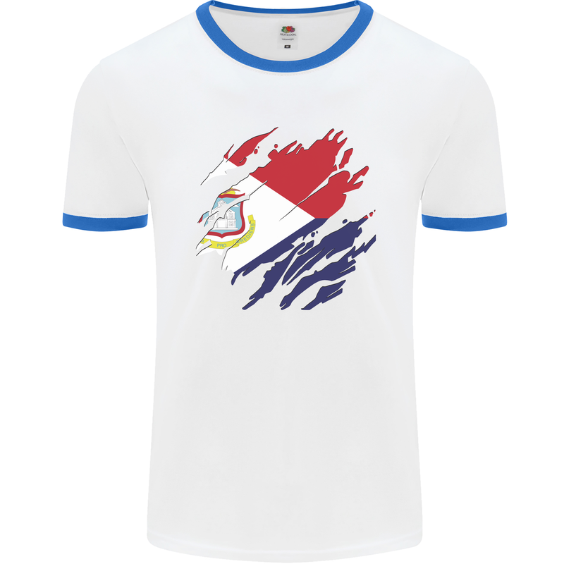 Torn Flag Saint Martin Mens Ringer T-Shirt White/Royal Blue