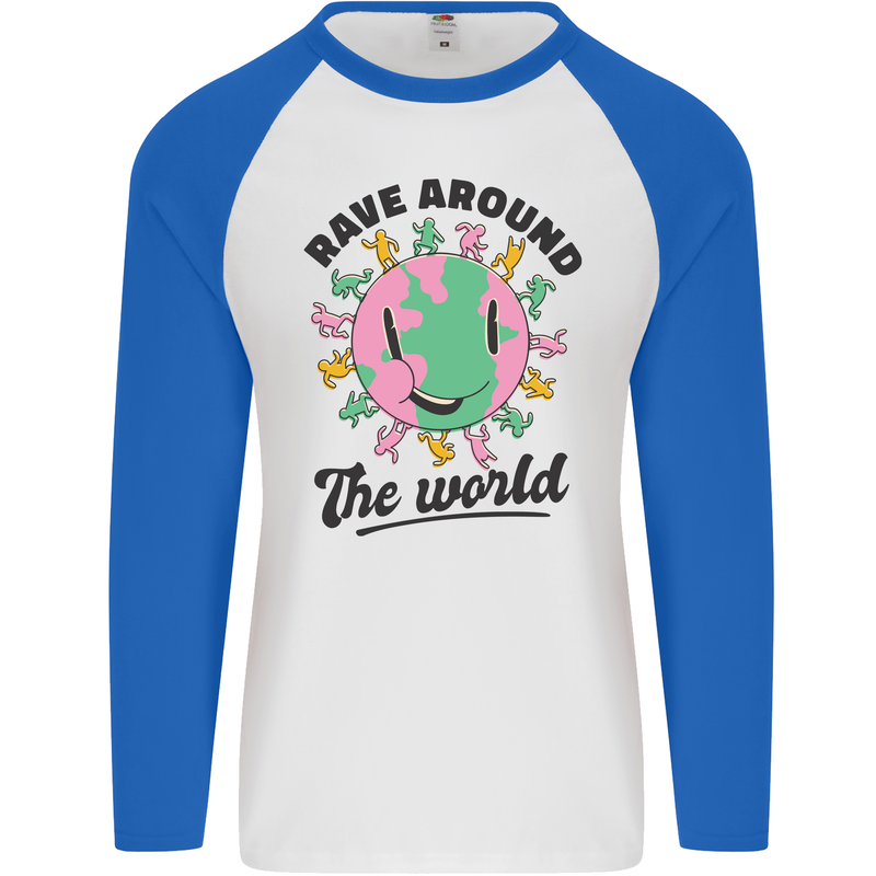 Rave Around the World Dance Music Acid Raver Mens L/S Baseball T-Shirt White/Royal Blue