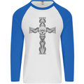 A Gothic Skull and Tentacles on a Cross Mens L/S Baseball T-Shirt White/Royal Blue