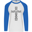 A Gothic Skull and Tentacles on a Cross Mens L/S Baseball T-Shirt White/Royal Blue