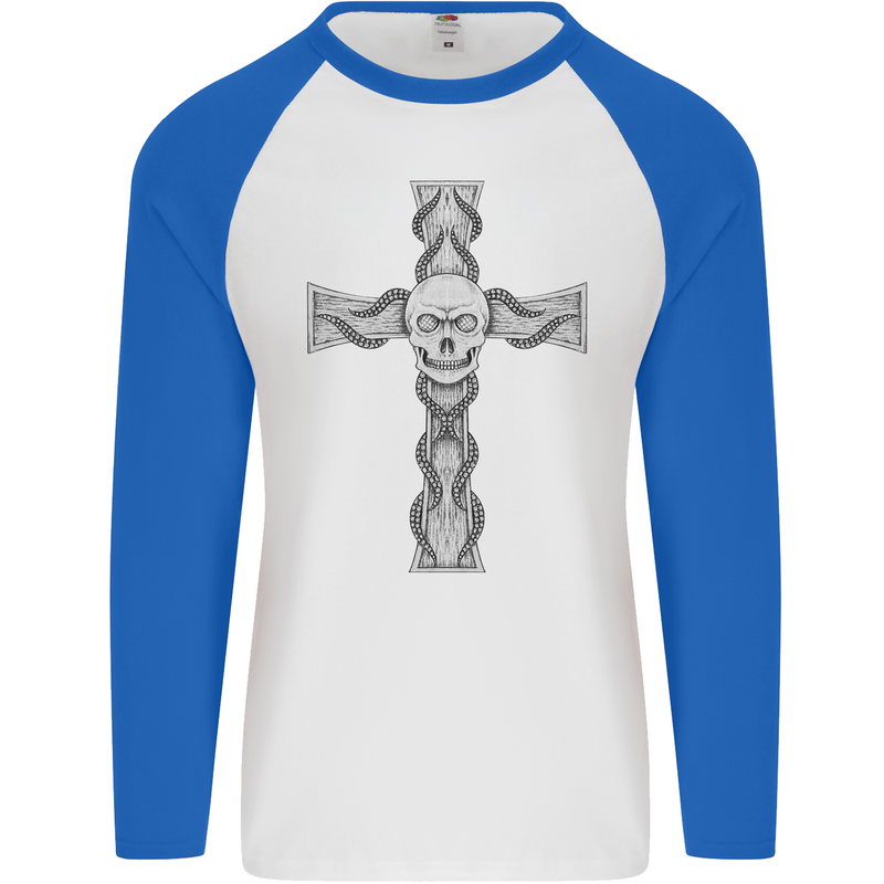 A Gothic Skull and Tentacles on a Cross Mens L/S Baseball T-Shirt White/Royal Blue