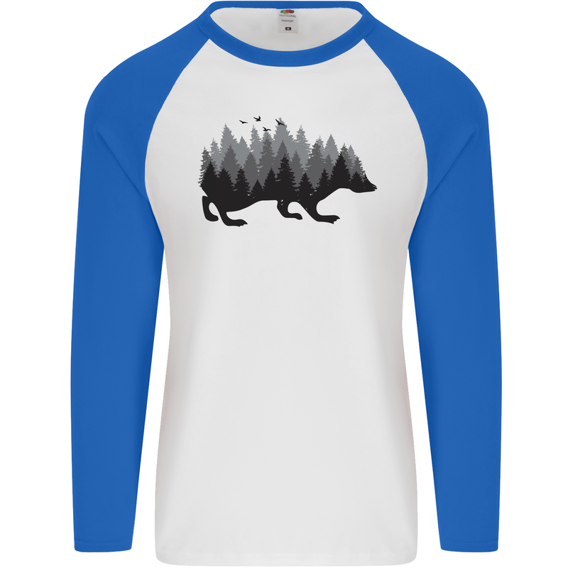 A Hedgehog Depicting a Forest Mens L/S Baseball T-Shirt White/Royal Blue