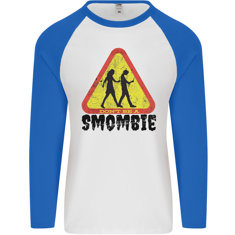 Smombie Antisocial Phone Smartphone Addict Mens L/S Baseball T-Shirt White/Royal Blue