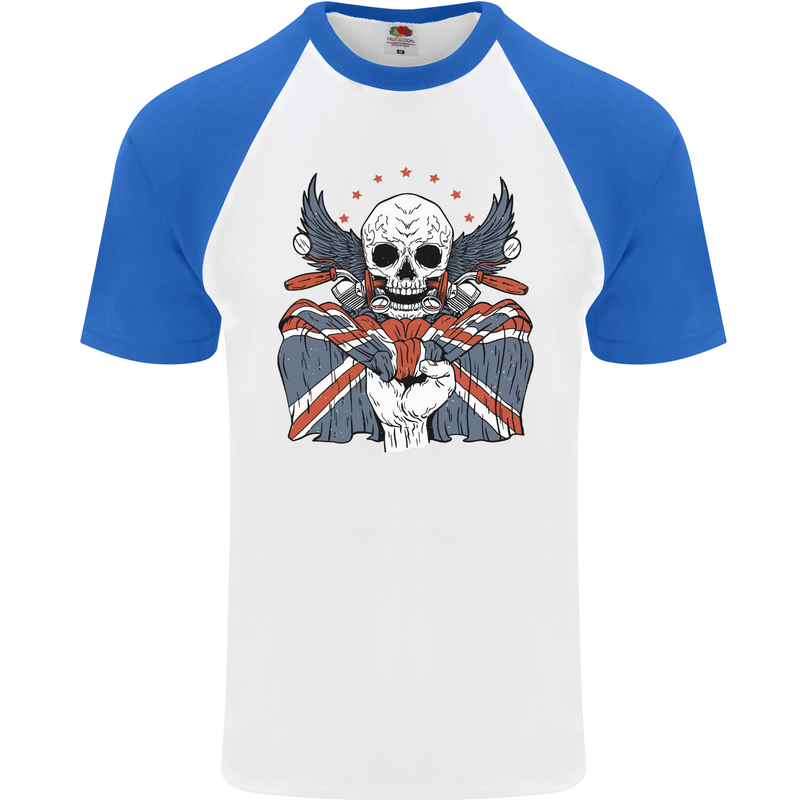 Union Jack Biker Motorbike Motorcycle Skull Mens S/S Baseball T-Shirt White/Royal Blue