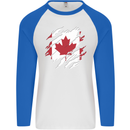Torn Canada Flag Canadian Day Football Mens L/S Baseball T-Shirt White/Royal Blue