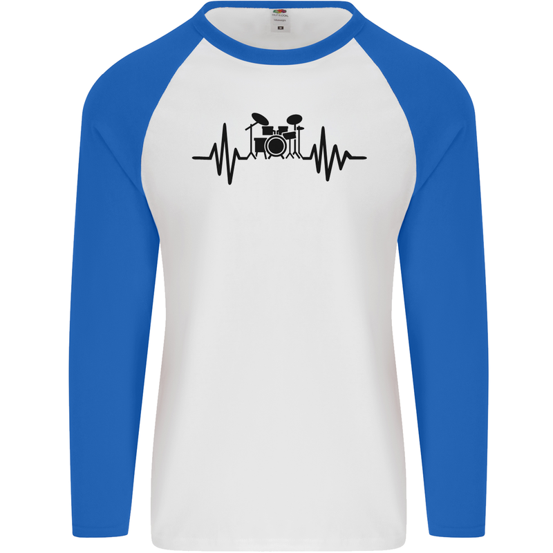 Drum Kit Pulse ECG Drummer Drumming Drum Mens L/S Baseball T-Shirt White/Royal Blue