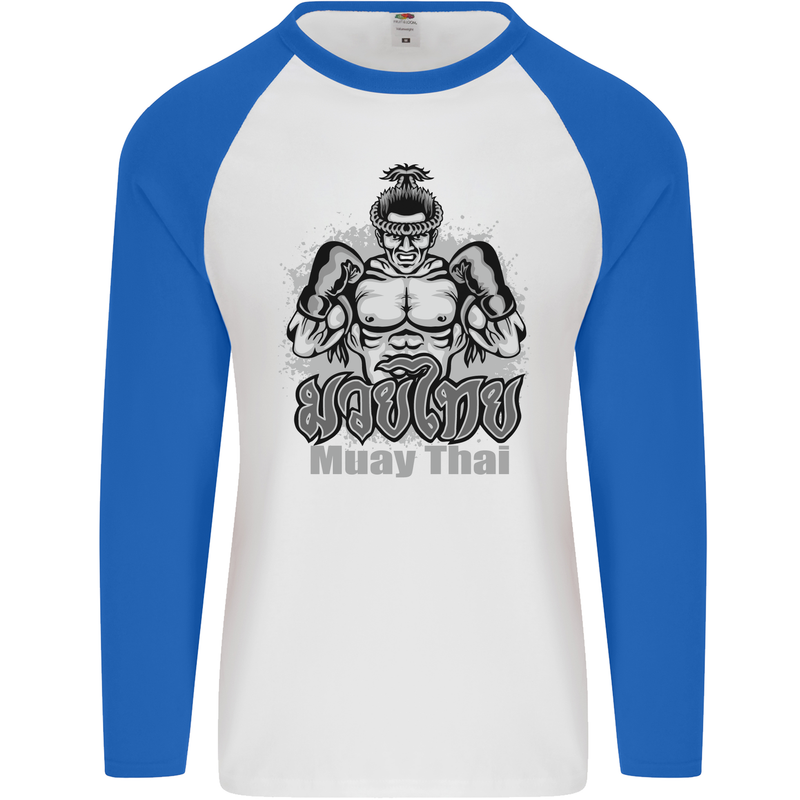 Muay Thai Boxing MMA Martial Arts Kick Mens L/S Baseball T-Shirt White/Royal Blue