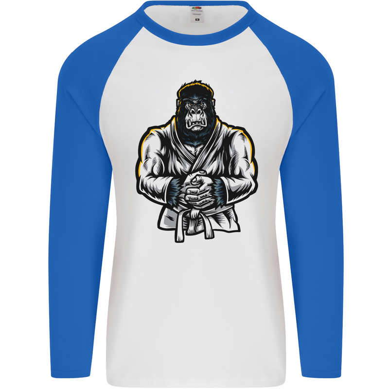 Jiu Jitsu Gorilla MMA Martial Arts Karate Mens L/S Baseball T-Shirt White/Royal Blue