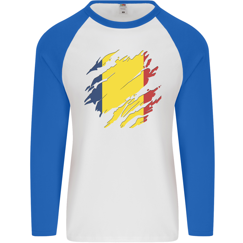 Torn Chad Flag Chadian Day Football Mens L/S Baseball T-Shirt White/Royal Blue