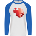 Curled Tongo Flag Tongan Day Football Mens L/S Baseball T-Shirt White/Royal Blue