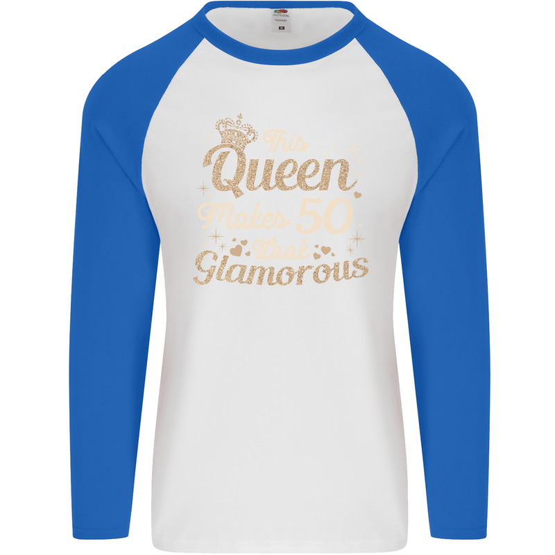 50th Birthday Queen Fifty Years Old 50 Mens L/S Baseball T-Shirt White/Royal Blue