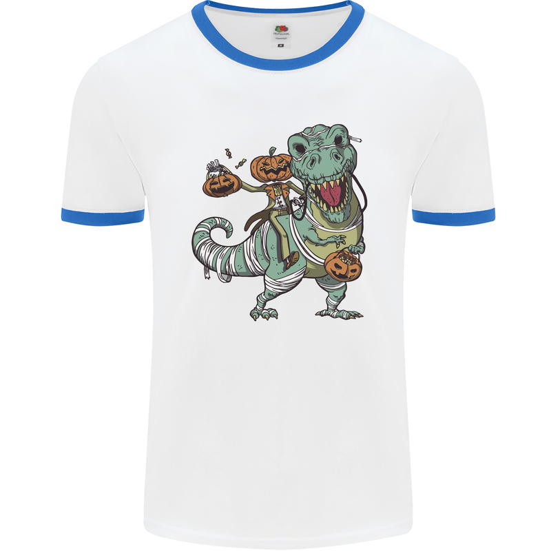 T-Rex Halloween Pumpkin Mens Ringer T-Shirt White/Royal Blue